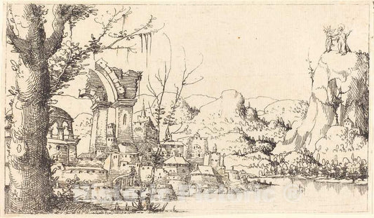 Art Print : Augustin Hirschvogel, River Landscape with The Temptation of Christ, 1545 - Vintage Wall Art