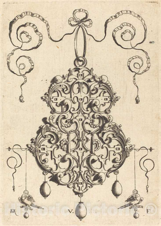 Art Print : Daniel Mignot, Strapwork Pendant with Two Birds as Earrings at Left and Right - Vintage Wall Art