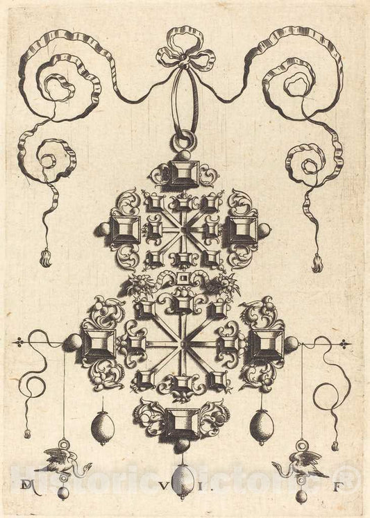 Art Print : Daniel Mignot, Large Pendant with Two Double Crosses, Surrounded by Six Large and Sixteen Small Table-Stones - Vintage Wall Art
