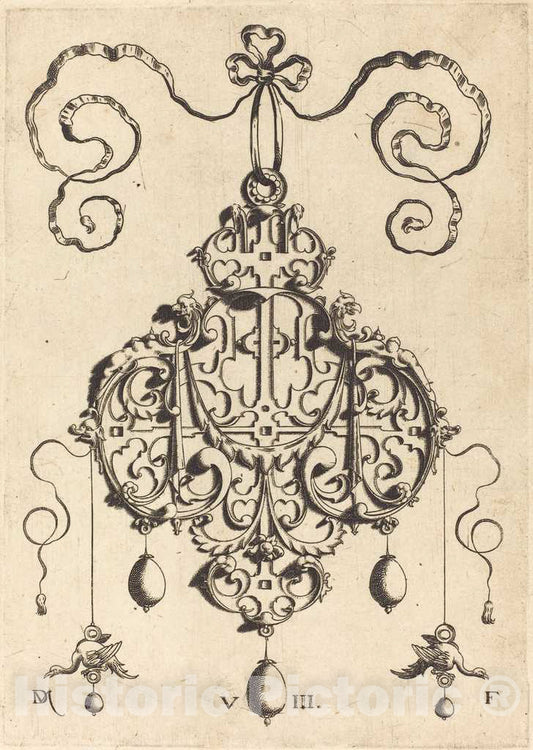 Art Print : Daniel Mignot, Strapwork Pendant with Two Eagles as Earringsat Left and Right - Vintage Wall Art
