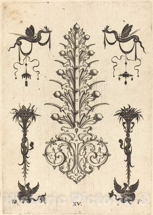 Art Print : Daniel Mignot, Hyacinth-Shaped Brooch with Winged Snakes at Top and Winged Animals at Bottom, 1596 - Vintage Wall Art