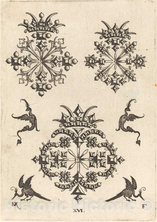 Art Print : Daniel Mignot, Three Brooches with Fantasy Birds at Left, Right, and Bottom, 1596 - Vintage Wall Art