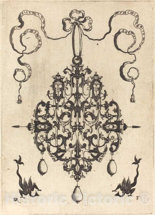 Art Print : Daniel Mignot, Large Pendant, Two Fantasy Creatures with Long Tails at Bottom, 1596 - Vintage Wall Art