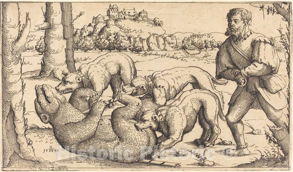 Art Print : Augustin Hirschvogel, Bear Hunt, 1545 - Vintage Wall Art
