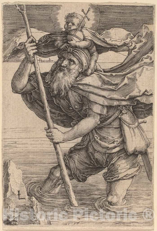 Art Print : Lucas Van Leyden, Saint Christopher Carrying The Infant Christ, c. 1521 - Vintage Wall Art