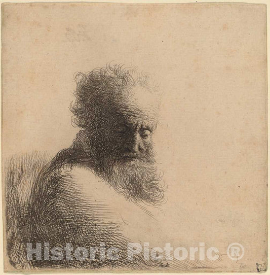 Art Print : Rembrandt, Bust of an Old Bearded Man, Looking Down, Three Quarters Right, 1631 - Vintage Wall Art