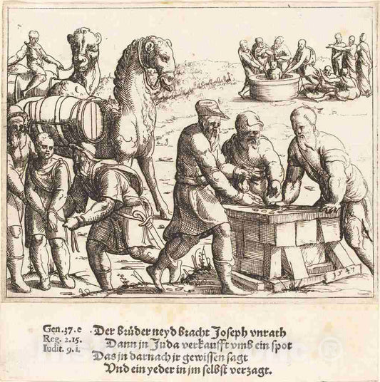 Art Print : Augustin Hirschvogel, Joseph Sold to The Ishmaelites, 1547 - Vintage Wall Art