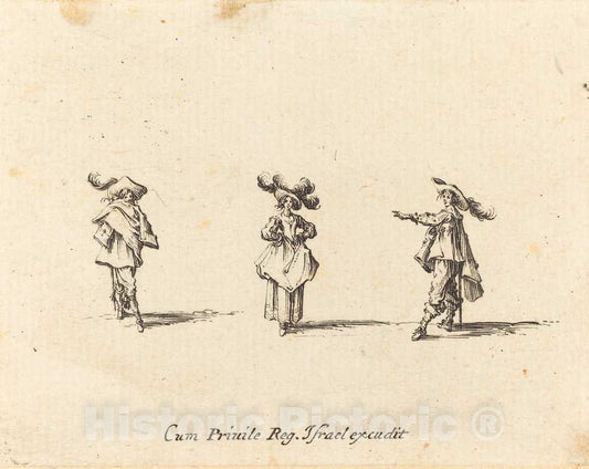 Art Print : Jacques Callot, Lady with Large Plumes, and Two Gentlemen, 1634 - Vintage Wall Art