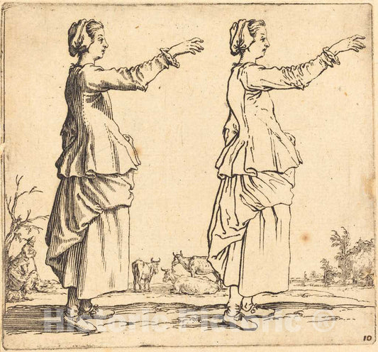 Art Print : Jacques Callot, Peasant Woman, in Profile, Facing Right, with Arm Extended, 1617 and 1621 - Vintage Wall Art