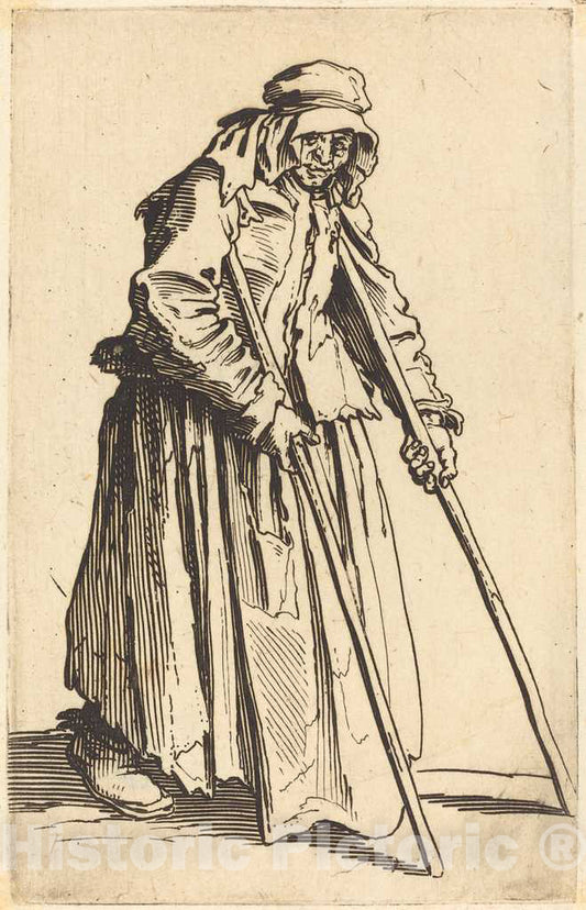 Art Print : Jacques Callot, Beggar Woman with Crutches, c. 1622 - Vintage Wall Art