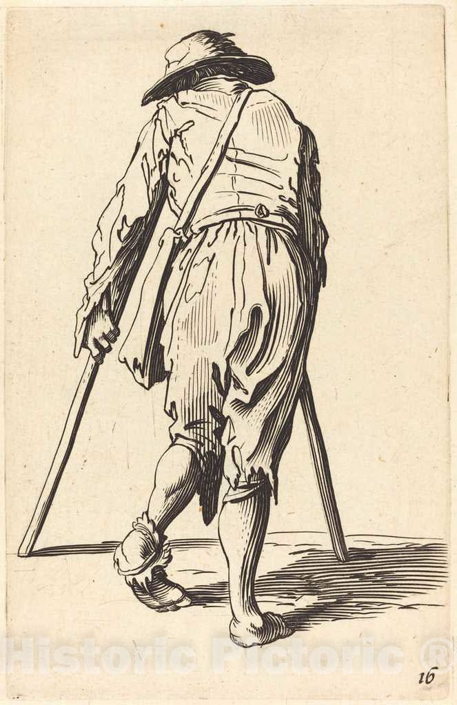 Art Print : Jacques Callot, Beggar with Crutches and Hat, Back View - Vintage Wall Art