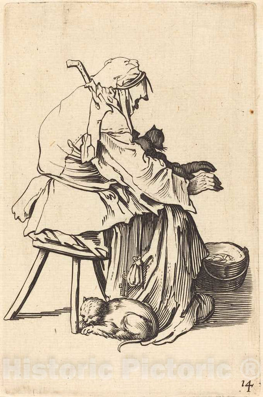 Art Print : Jacques Callot, Old Woman with Cats - Vintage Wall Art
