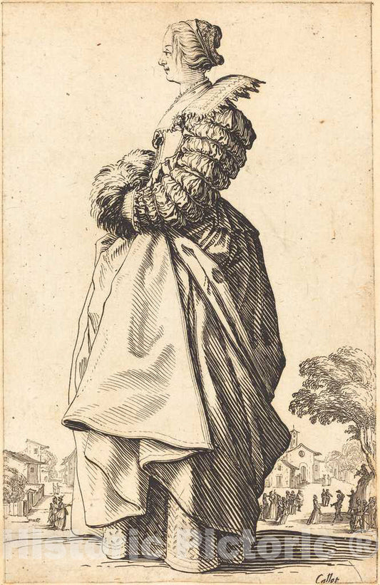 Art Print : Jacques Callot, Noble Woman in Profile with her Hands in a Muff, c.1622 - Vintage Wall Art