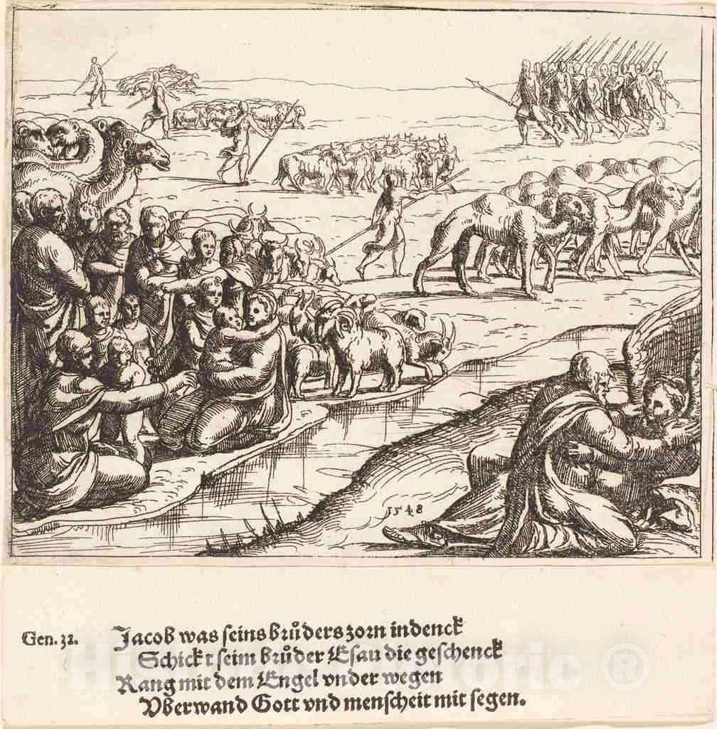 Art Print : Augustin Hirschvogel, Jacob Wrestling with The Angel, 1548 - Vintage Wall Art