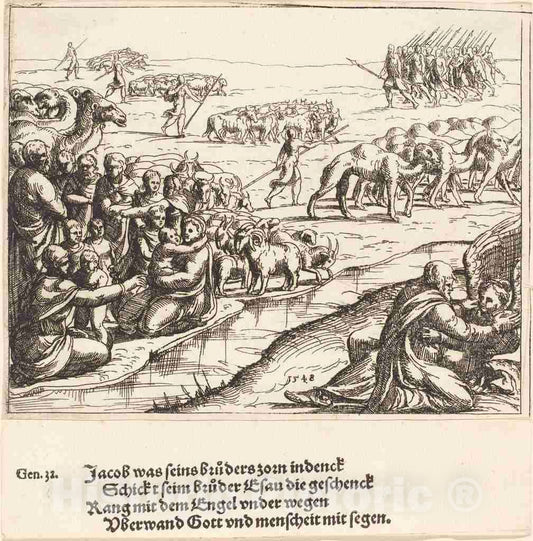 Art Print : Augustin Hirschvogel, Jacob Wrestling with The Angel, 1548 - Vintage Wall Art
