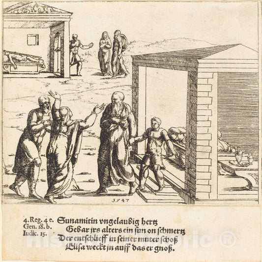 Art Print : Augustin Hirschvogel, Elisha Raises The Son of The Shunammite, 1547 - Vintage Wall Art