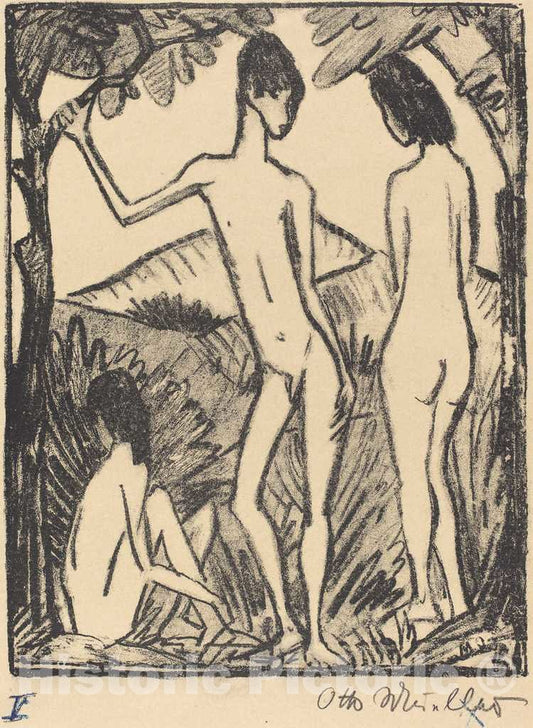 Art Print : Otto MÃ¼ller, Standing Boy and Two Girls (Stehender Knabe und Zwei Madchen), 1917 - Vintage Wall Art