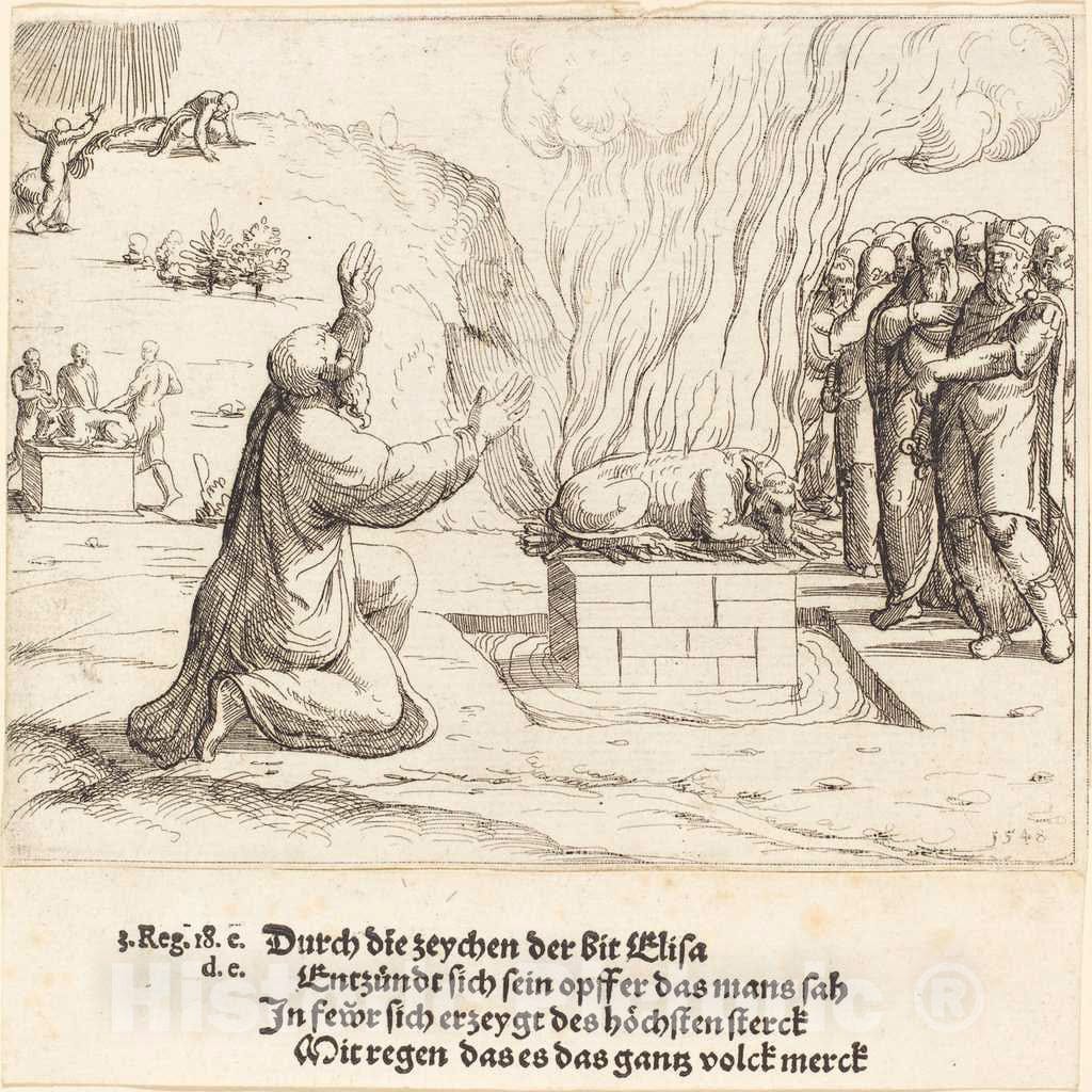 Art Print : Augustin Hirschvogel, The Rival Sacrifices of Elijah and The Priests of Baal, 1548 - Vintage Wall Art