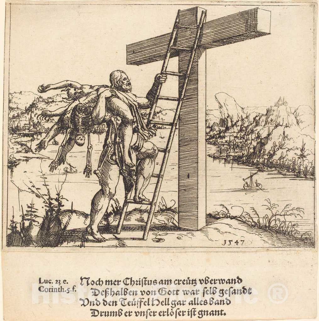 Art Print : Augustin Hirschvogel, Christ Ascending The Cross with Sin, Death, and The Devil, 1547 - Vintage Wall Art