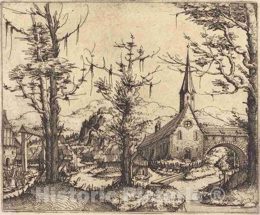 Art Print : Augustin Hirschvogel, Landscape with a Village Church, 1545 - Vintage Wall Art
