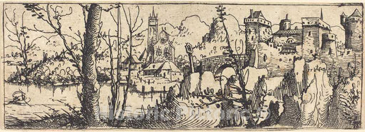 Art Print : Augustin Hirschvogel, Landscape with Castle at Right, Surrounded by Rocks, 1546 - Vintage Wall Art