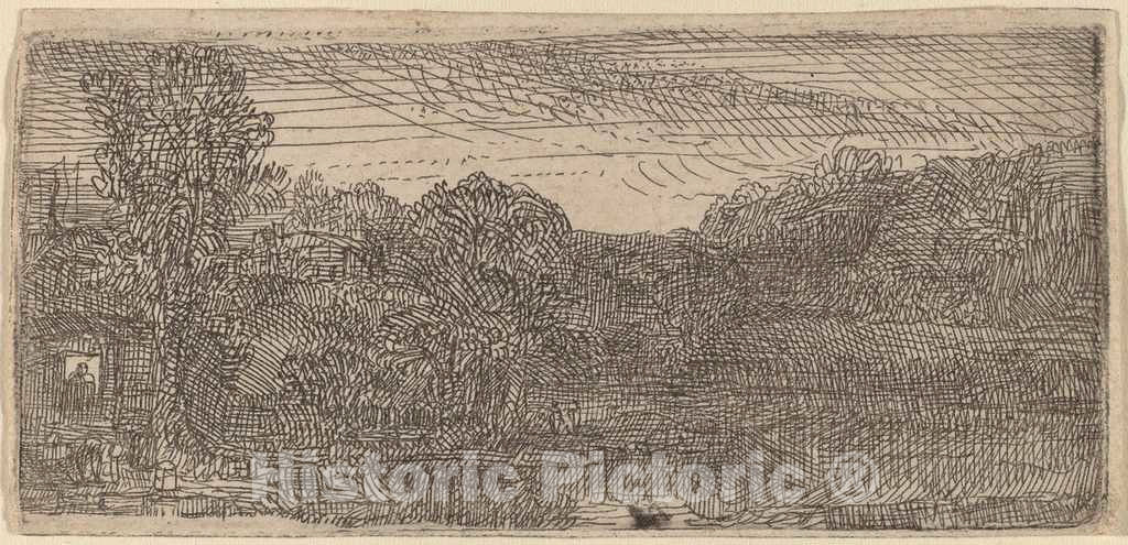 Art Print : Rembrandt, Small Gray Landscape: a House and Trees Beside a Pool, c. 1640 - Vintage Wall Art