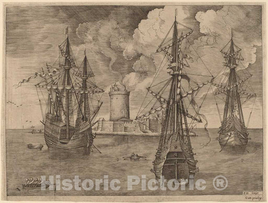 Art Print : Frans Huys After Bruegel The Elder, Four-Master (Left) and Two Three-Masters Anchored Near a Fortified Island with a Lighthouse, 1565 - Vintage Wall Art