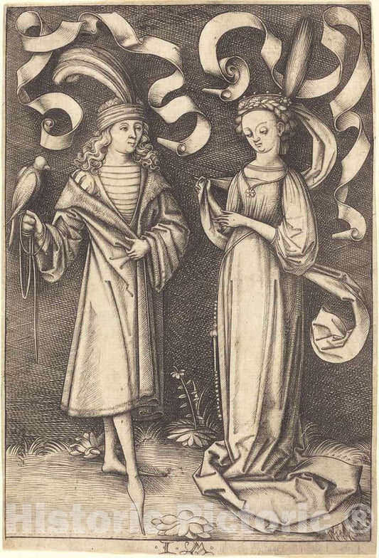 Art Print : Israhel Van Meckenem, The Falconer and Noble Lady, c.1499 - Vintage Wall Art