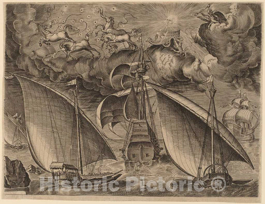 Art Print : Frans Huys After Bruegel The Elder, Two Galleys Behind an Armed Three-Master with Phaethon and Jupiter in The Sky, 1565 - Vintage Wall Art