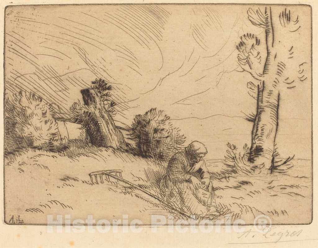 Art Print : Alphonse Legros, Peasant Woman Seated Near a Hedge (Paysanne assise pres d'une haie) - Vintage Wall Art