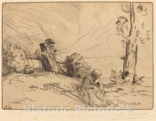 Art Print : Alphonse Legros, Peasant Woman Seated Near a Hedge (Paysanne assise pres d'une haie) - Vintage Wall Art