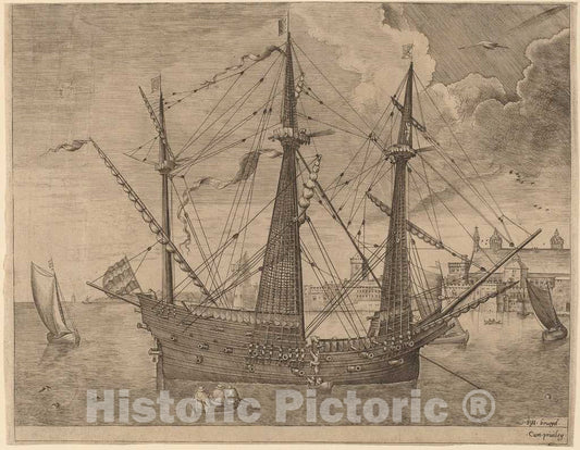 Art Print : Frans Huys After Bruegel The Elder, Armed Three-Master Anchored Near a City, 1565 - Vintage Wall Art