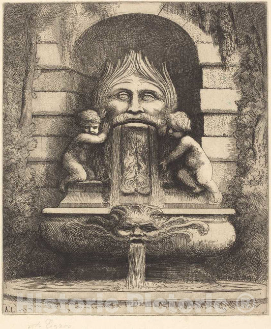 Art Print : Alphonse Legros, Fountain: Grotesque, Children and Basin (Une fountaine: Masque, Enfants et Bassin) - Vintage Wall Art