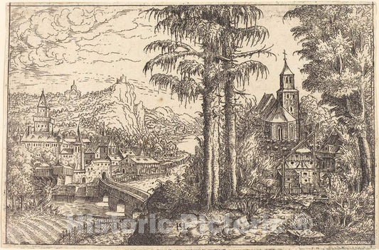 Art Print : Hanns Lautensack, View of a Town Near a River with a Church on The Right, 1553 - Vintage Wall Art