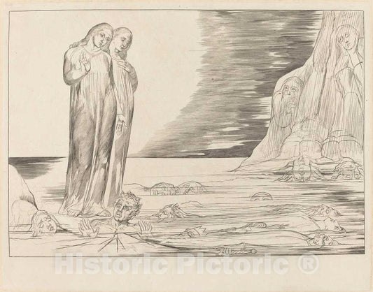 Art Print : William Blake, The Circle of The Traitors; Dante's Foot Striking Bocca Degli Abbate, 1827 - Vintage Wall Art