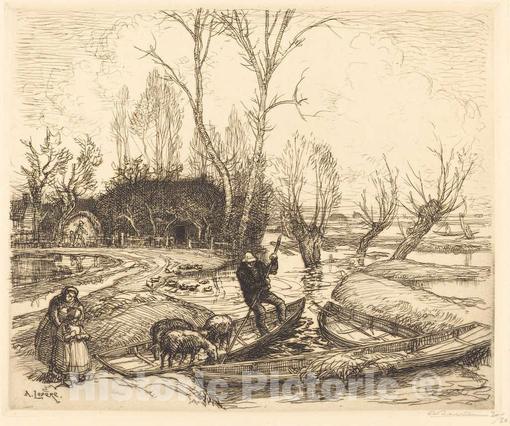 Art Print : Auguste LepÃ¨re, in The Deluged Marsh - The Shepherd (Au Marais inonde - Le Berger), 1911 - Vintage Wall Art
