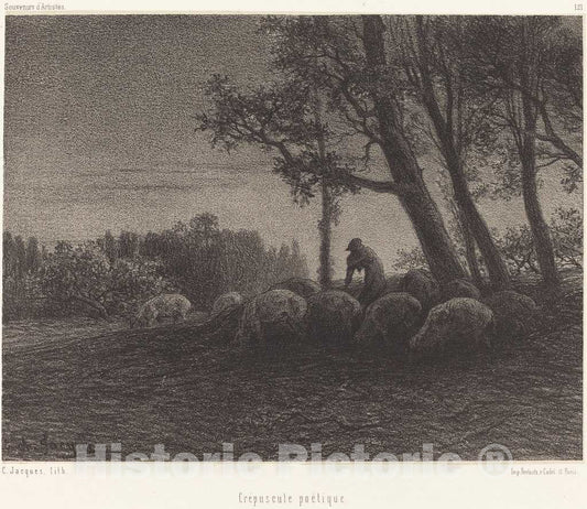 Art Print : Charles Ã‰mile Jacque, Crepuscule poetique (Poetical Twilight), c. 1853 - Vintage Wall Art