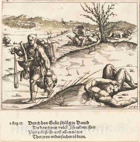Art Print : Augustin Hirschvogel, David Beheads Goliath, 1547 - Vintage Wall Art