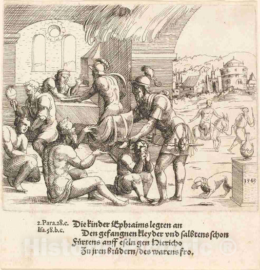 Art Print : Augustin Hirschvogel, The Men of Ephraim Care for Their Captives and Return Them to Jerico, 1549 - Vintage Wall Art