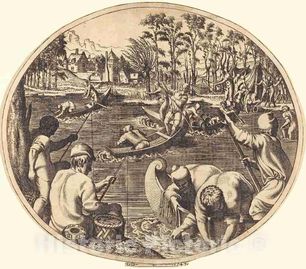 Art Print : LÃ©on Davent After Primaticcio, Fishing Scene, 1547 - Vintage Wall Art