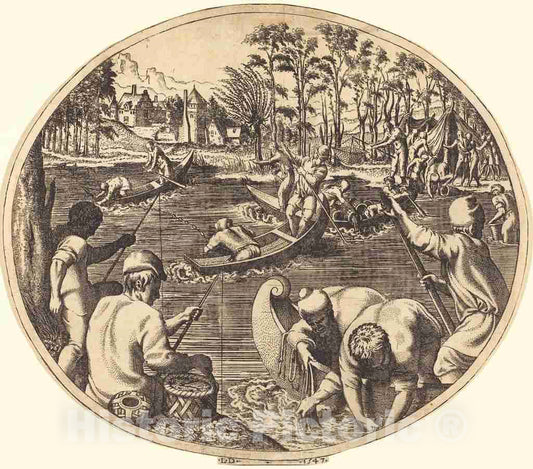 Art Print : LÃ©on Davent After Primaticcio, Fishing Scene, 1547 - Vintage Wall Art