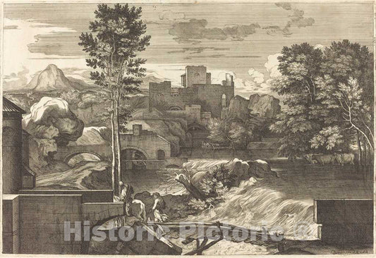 Art Print : SÃ©bastien Bourdon, Landscape with Two Figures on a Bridge - Vintage Wall Art
