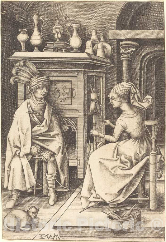 Art Print : Israhel Van Meckenem, The Visit to The Spinner, c.1499 - Vintage Wall Art