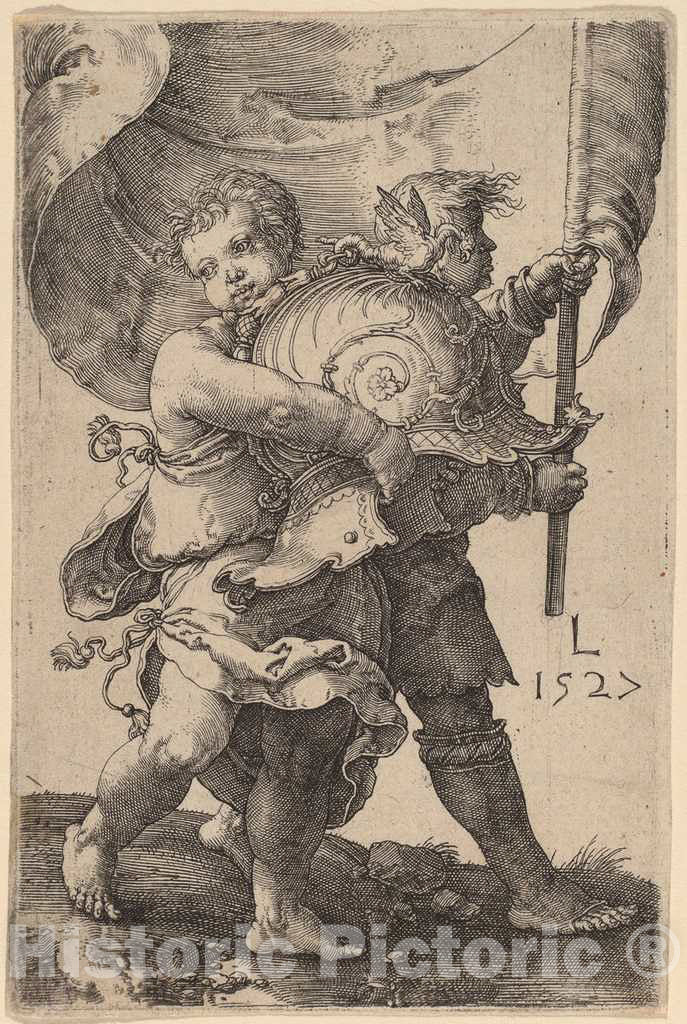 Art Print : Lucas Van Leyden, Two Boys with a Helmet and a Standard, 1527 - Vintage Wall Art