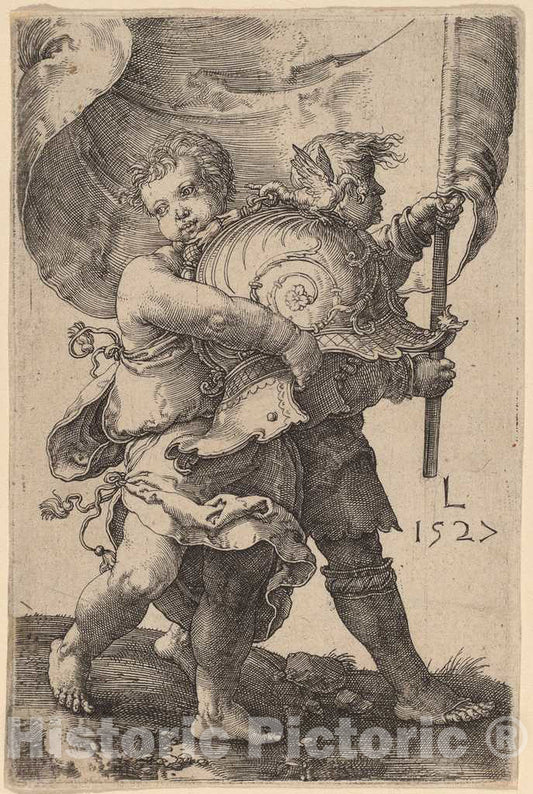 Art Print : Lucas Van Leyden, Two Boys with a Helmet and a Standard, 1527 - Vintage Wall Art