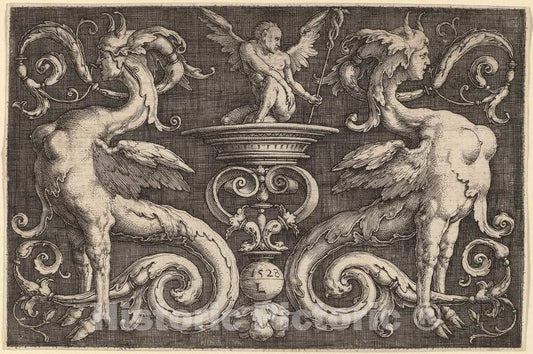Art Print : Lucas Van Leyden, Ornament with Two Sphinxes and a Winged Man, 1528 - Vintage Wall Art