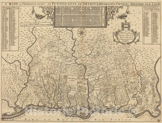 Art Print : Thomas Holme, A mapp of ye Improved Part of Pensilvania in America, Divided into countyes, townships and lotts, c. 1687 - Vintage Wall Art