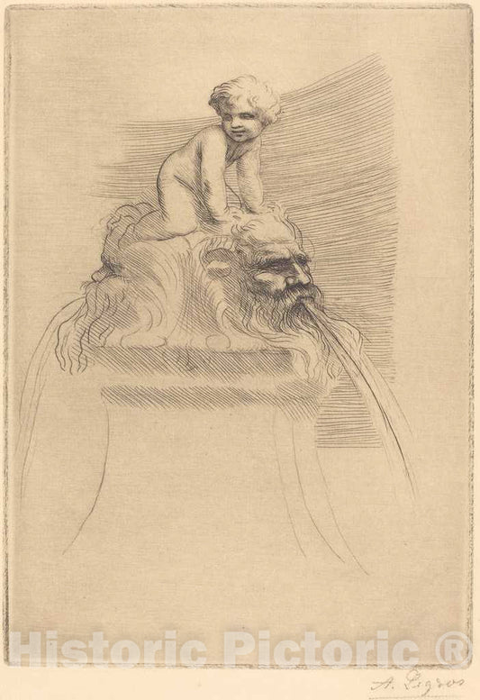 Art Print : Alphonse Legros, Small Fountain, Child Playing on The Grotesques (Petite Fontaine, Enfant qui joue surdes masques) - Vintage Wall Art