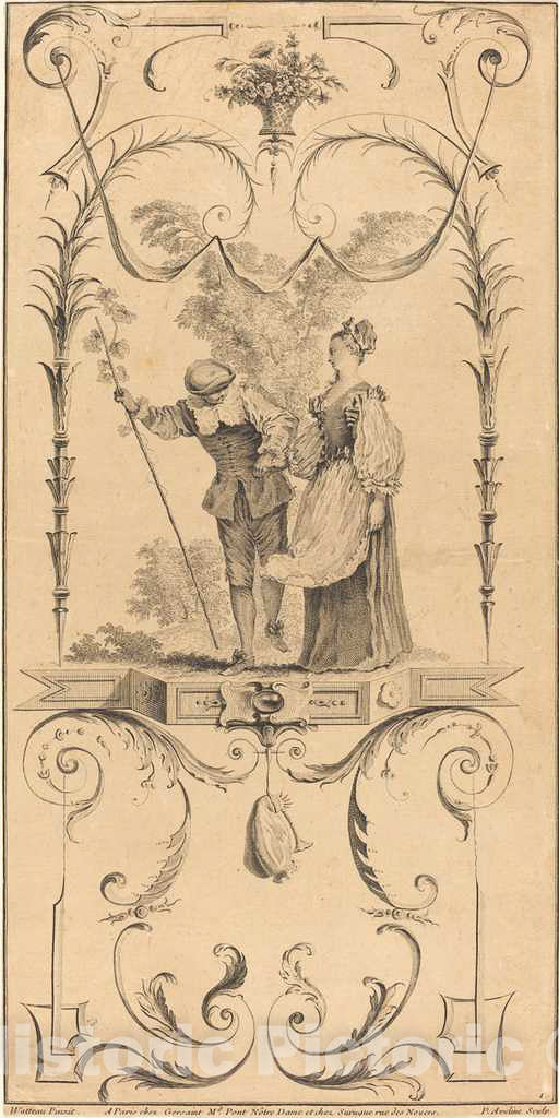 Art Print : Aveline After Watteau, Shepherd and Shepherdess (?) - Vintage Wall Art