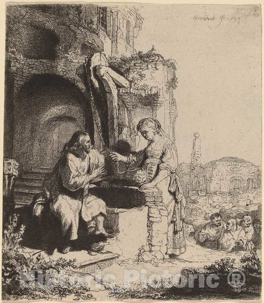 Art Print : Rembrandt, Christ and The Woman of Samaria Among Ruins, 1634 - Vintage Wall Art